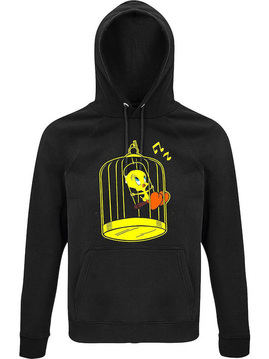 Bluză cu glugă unisex organic "Tweety în cușcă Looney Tunes" negru