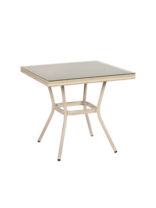 Angola Outdoor Table for Small Spaces with Glass Surface and Aluminum Frame White 80x80x75cm