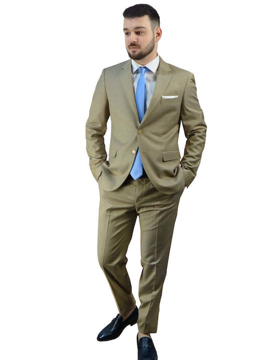 Men's Beige Polyester Suit (Pol/Visc/Span) Semi-Slim Fit 402623