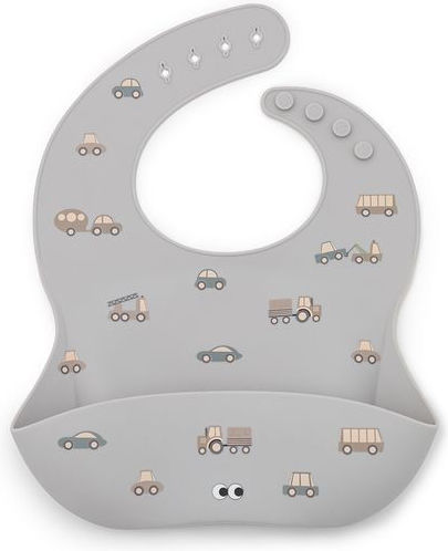 Noui Noui Little Wheels Αδιάβροχη Σαλιάρα Σιλικόνης με Κουμπί με Τσέπη Γκρι για 4 m+