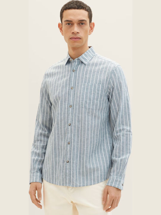 Long-sleeved Linen Shirt Striped Blue