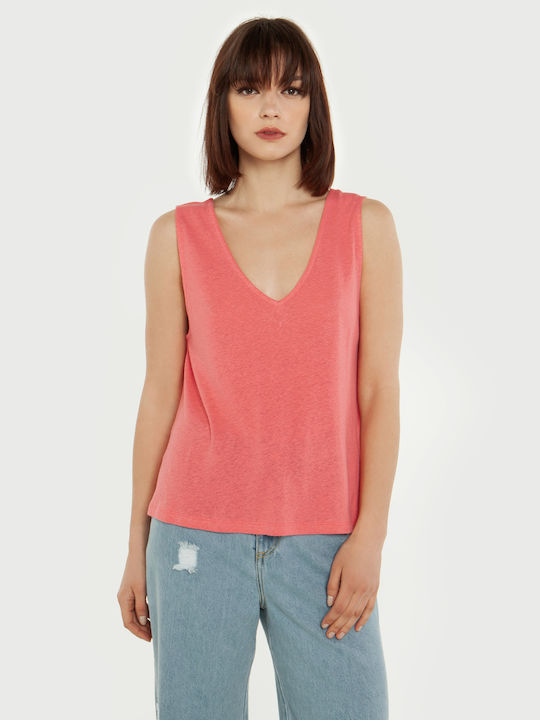 Toi&Moi Women's Summer Blouse Linen Sleeveless with V Neckline Pink