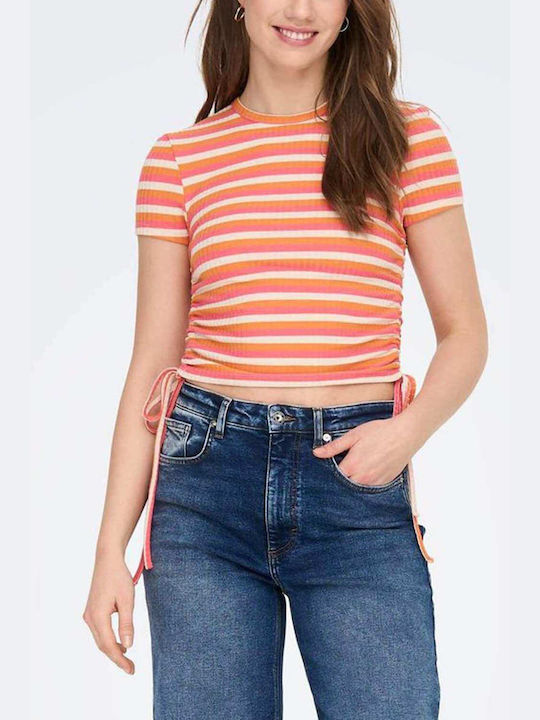 Only Women's Summer Crop Top Cotton Short Sleeve Striped Flame
