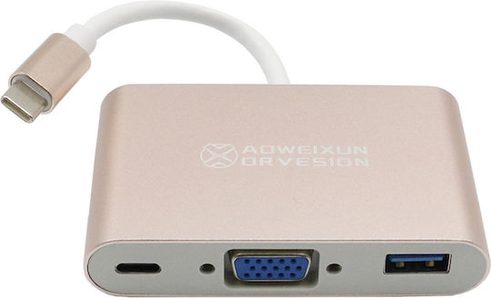 Μετατροπέας USB-C male σε USB-A / USB-C / VGA female Ροζ Χρυσό 1τμχ 101555