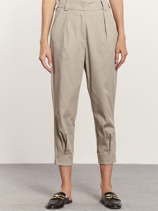 Edward Jeans Keysha-Mt WP-N-PNT-S23-001 Women's High Waist Fabric Capri Trousers Beige WP-N-PNT-S23-001-BEIGE