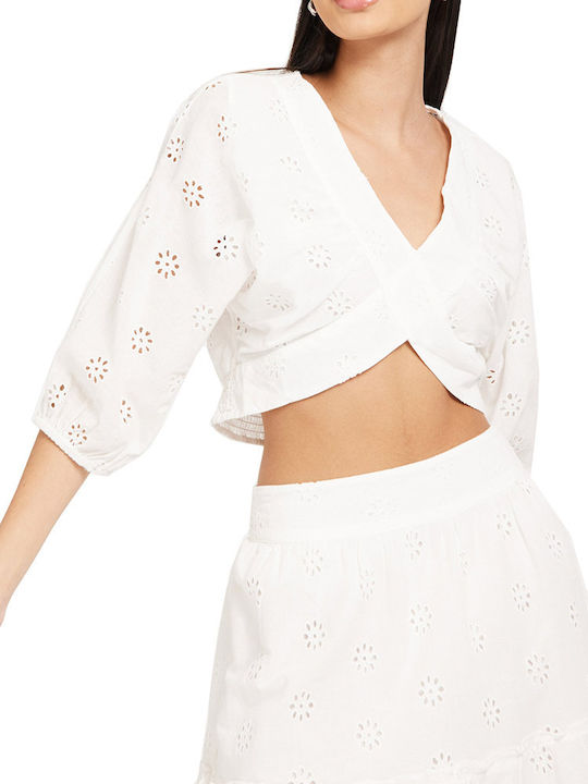 Vero Moda Women's Summer Crop Top Cotton with 3/4 Sleeve & V Neck Snow White