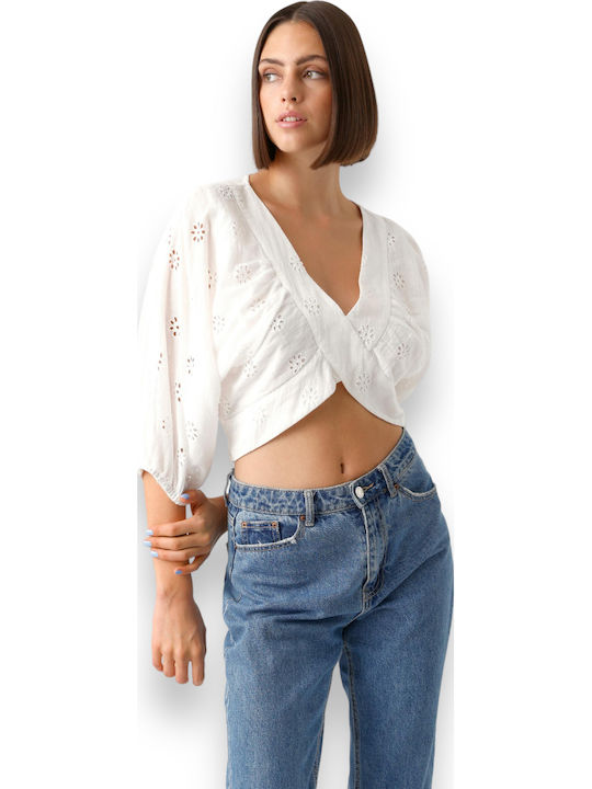 Women's Summer Crop Top Cotton with 3/4 Sleeve & V Neckline Snow White