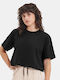 1125159 Damen Sommer Crop Top Baumwolle Kurzarm Schwarz