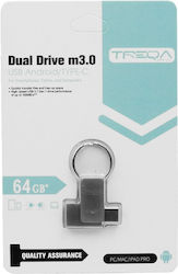 Treqa UP-02 64GB USB 3.0 Stick cu conexiune USB-A & USB-C Argint