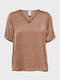Only Women's Cotton Blouse Short Sleeve with V Neckline Brown