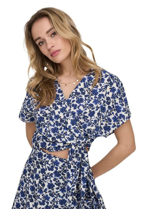 Women's Summer Crop Top Cotton Short Sleeve with V Neckline Floral Blue