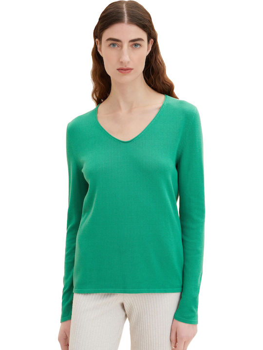 Basic Women's Long Sleeve Sweater Cotton with V Neckline Vivid Leaf Green