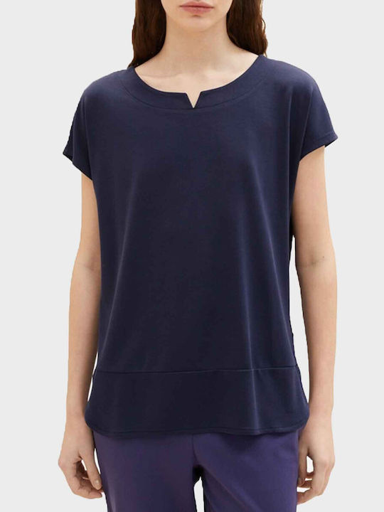 Tom Tailor Damen Bluse Kurzärmelig mit V-Ausschnitt Marineblau