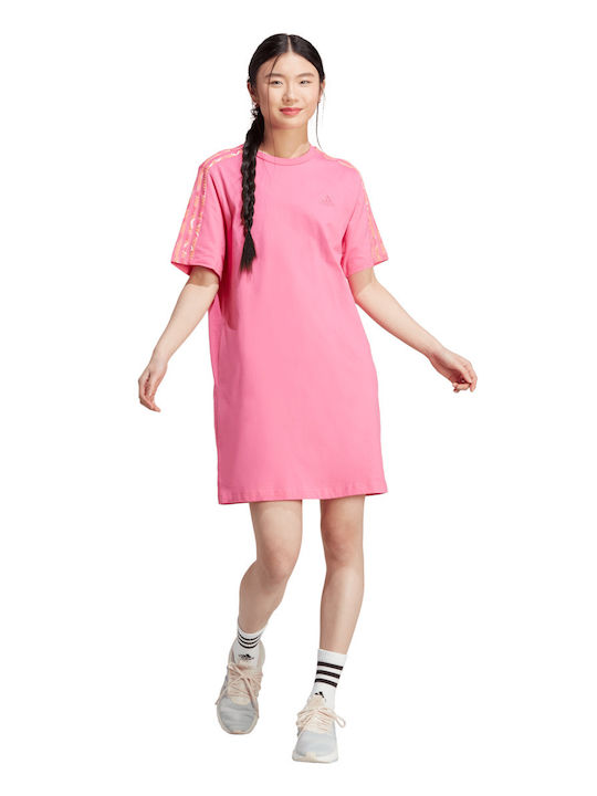 Adidas Essentials 3-Stripes Καλοκαιρινό Mini Αθλητικό Φόρεμα T-shirt Κοντομάνικο Ροζ