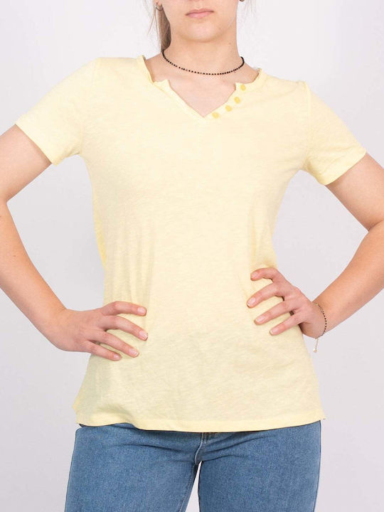 Tricou cu mânecă scurtă "V" cu nasturi galben