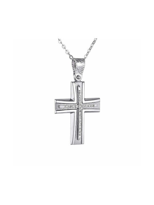 Women's Cross with Chain 40cm White Gold K14 with Inlaid Cross with White Zircon Stones MFS-21151W