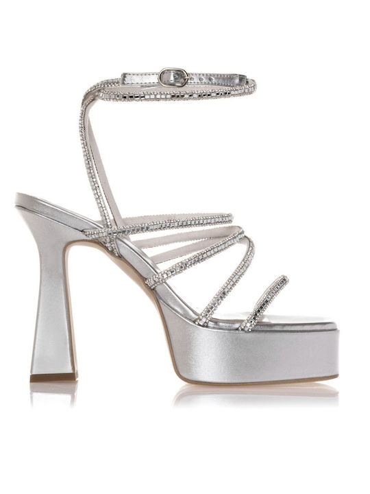 Sante Platform Women's Sandals with Strass & Ankle Strap Silver with Chunky High Heel 23-271-10