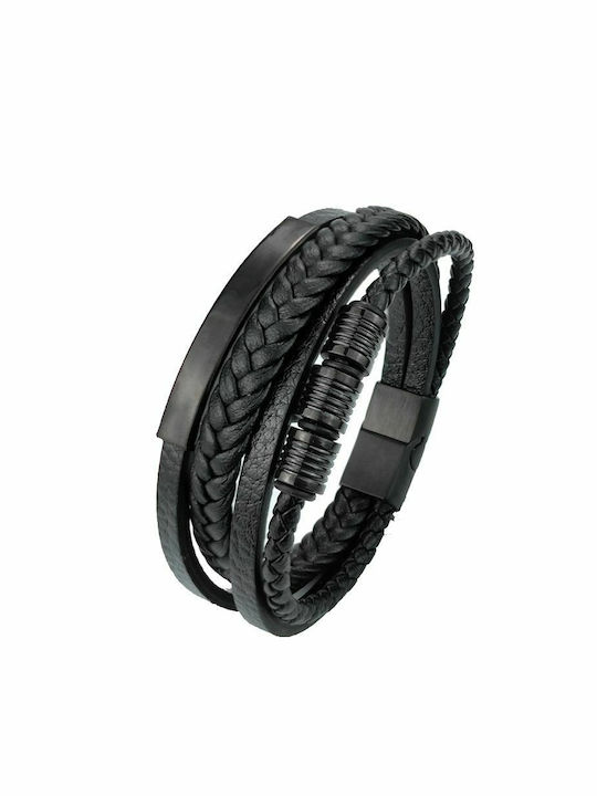 Bracelet,male,leather,black with 4 rows and black decorations and clasp,steel.