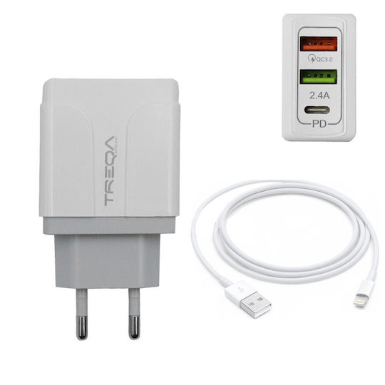 Treqa Handyladegerät mit 2 USB-A Ausgangsanschlüsse und USB-C Ausgangsanschluss und Kabel Lightning 38W Stromlieferung Weiß (CH-640)