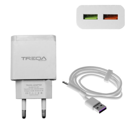 Treqa Treqa Handyladegerät mit 2 USB-A Ausgangsanschlüsse und Kabel USB-C 38W Stromlieferung / Schnellladetechnologie 3.0 Weiß