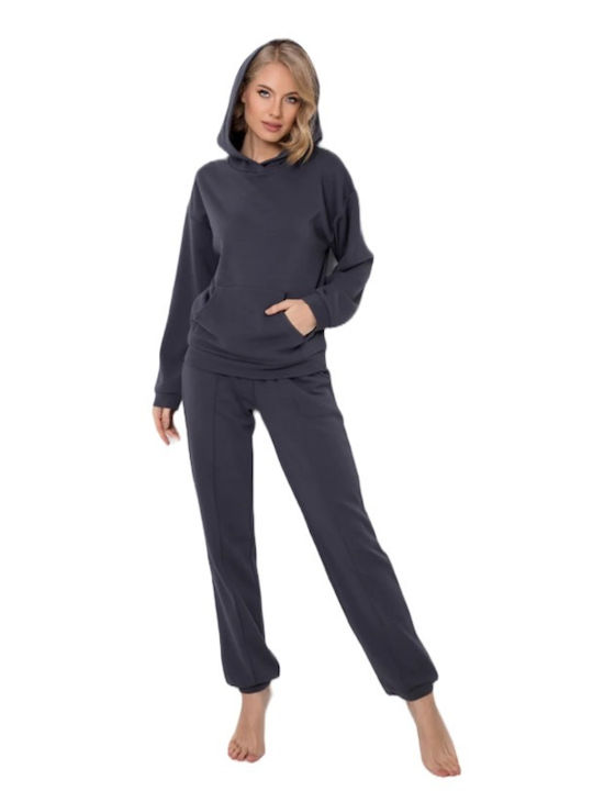 Aruelle Set de hanorac pentru femei cu coroană și cusătură decorativă Loungewear Charcoal Kenny Dark Grey