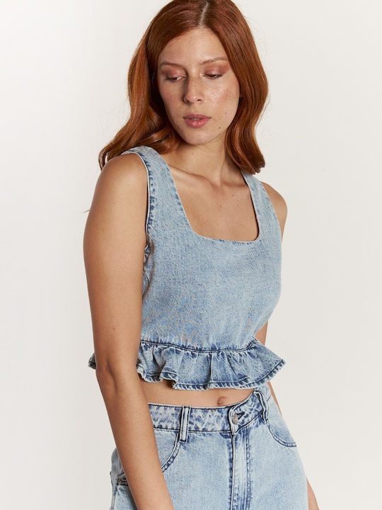 Edward Jeans pentru Femei de Vară Crop Top fără Mâneci Light Blue Denim