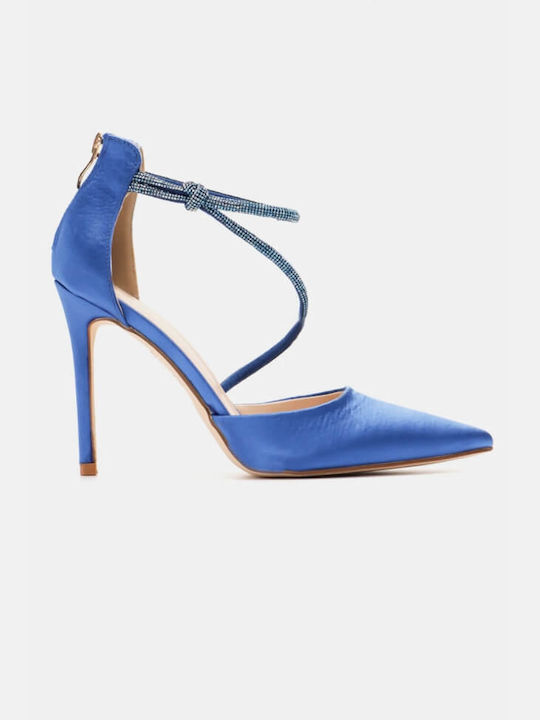 WOMEN Pumps Satin Stiletto Pumps with Zipper and Strass Blue - Blue