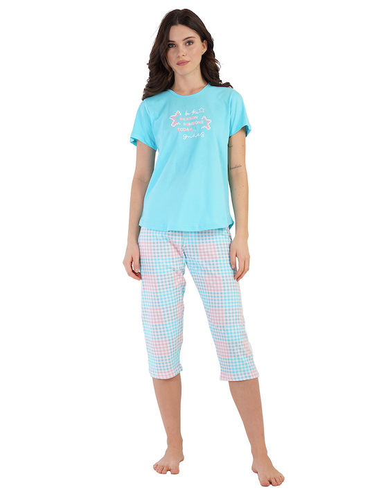 Vienetta Women's summer cotton pajamas "Be The Reason" with capri pants-211049b Turquoise