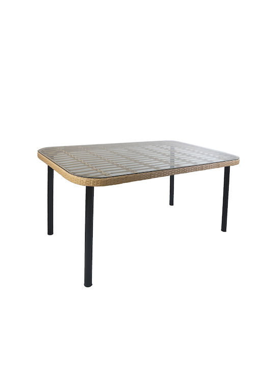 Amplas Outdoor Dinner Table with Glass Surface and Metal Frame Natural 140x80x73cm