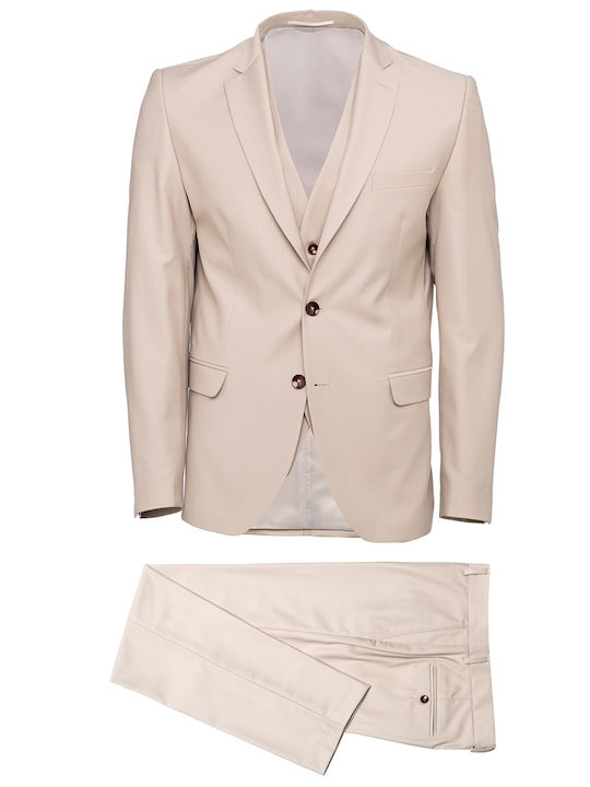 Makis Tselios Fashion Men's Suit with Vest Regular Fit Beige