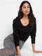 Funky Buddha Women's Long Sleeve Sweater with V Neckline Black