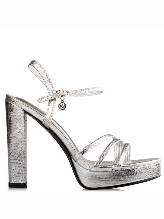 Envie Shoes Platform Synthetic Leather Women's Sandals with Ankle Strap Silver with Chunky High Heel