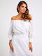 Guess W3GH95WFDC0 Women's Summer Crop Top Off-Shoulder Long-sleeved White W3GH95WFDC0-G011