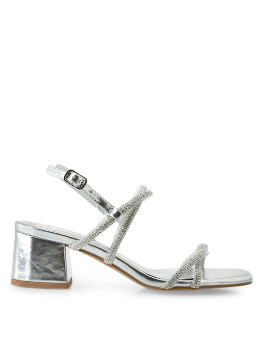 Seven Women's Sandals with Strass Silver with Chunky Medium Heel