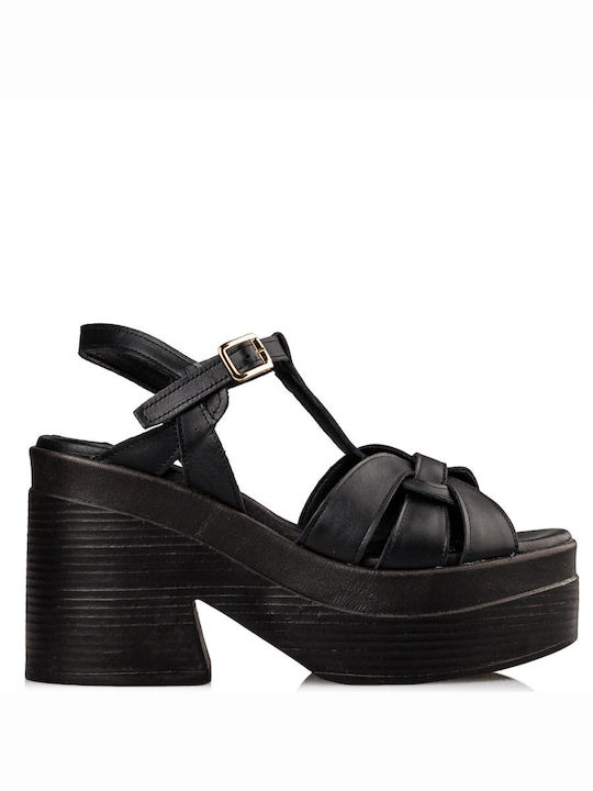 Envie Shoes Platform Leather Women's Sandals with Ankle Strap Black with Chunky Medium Heel