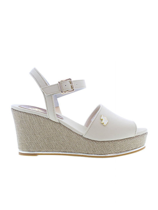 U.S. Polo Assn. Women's Synthetic Leather Ankle Strap Platforms Beige