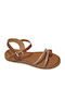 Leather Women's Flat Sandals with Strap in Tabac Brown Color