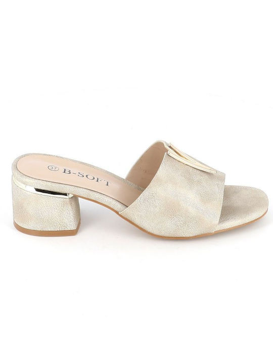 B-Soft Mules με Χοντρό Χαμηλό Τακούνι Light Beige