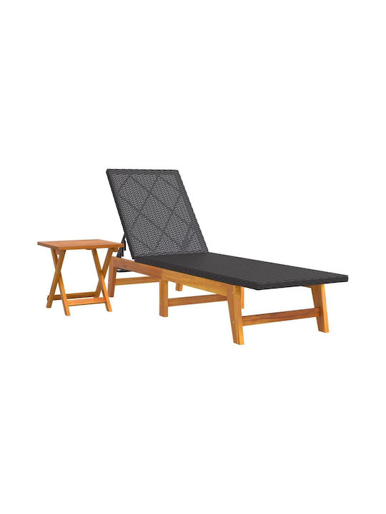 Deckchair Rattan with Textilene Fabric Black with Table 2pcs 200x54x87cm.