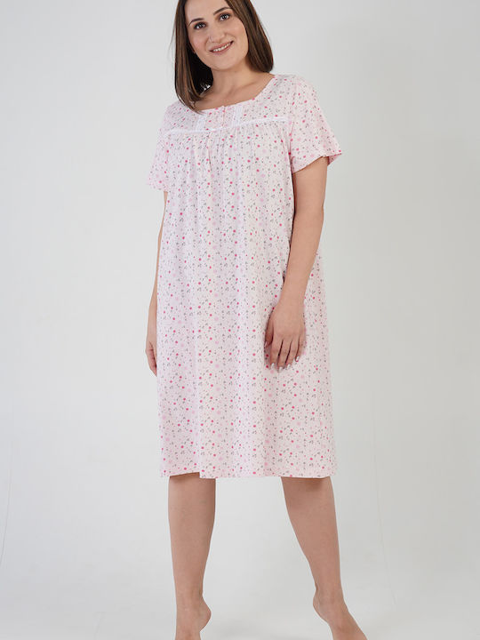 Vienetta Women's Summer Cotton Short Sleeve Nightgown with Placket Plus Size (1XL-4XL)-161184b Pink