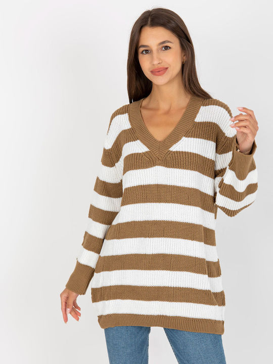 Rue Paris Women's Long Sleeve Sweater Woolen with V Neckline Striped White/Beige