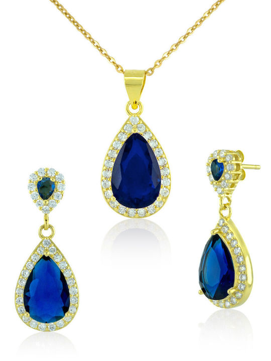 Set Necklace / Earrings with large blue cubic zirconia made of silver 925 gold PANERIA | Bijou Box®