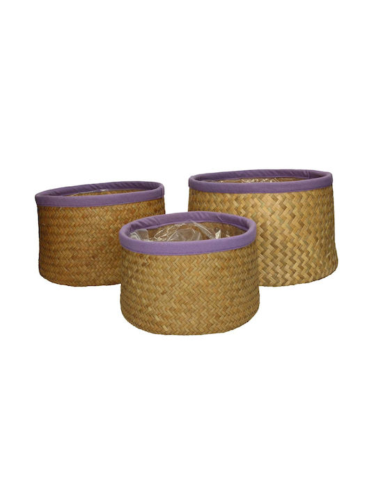 JK Home Decoration Set of Decorative Baskets Straw with Handles Brown 3pcs