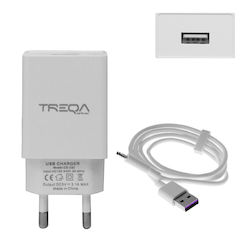 Treqa Φορτιστής με Θύρα USB-A και Καλώδιο USB-C Quick Charge 3.0 Λευκός (CS-232)