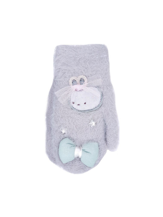 Παιδικά Πλεκτά Fluffy Γάντια με Φιόγκο & Κουκλάκι Γκρι