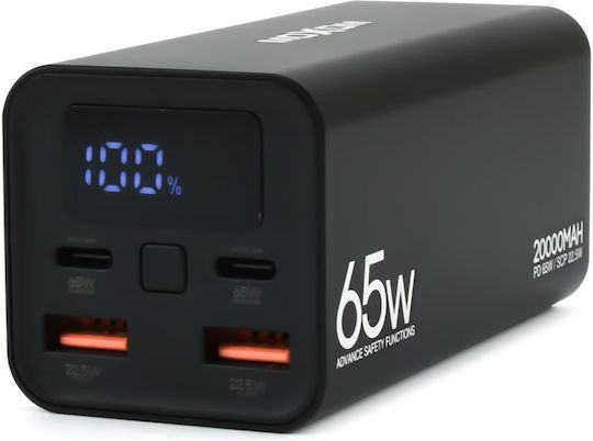 Moxom PB72 Power Bank 20000mAh 65W με 2 Θύρες USB-A και 2 Θύρες USB-C Power Delivery Μαύρο