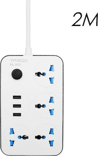 Treqa Πολύπριζο Aσφαλείας 4 Θέσεων με 3 USB-A, Διακόπτη και Καλώδιο 2m