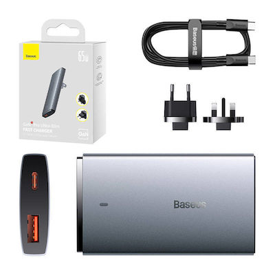 Baseus Φορτιστής με Θύρα USB-A και Θύρα USB-C και Καλώδιο USB-C 65W Γκρι (CCGP150113)