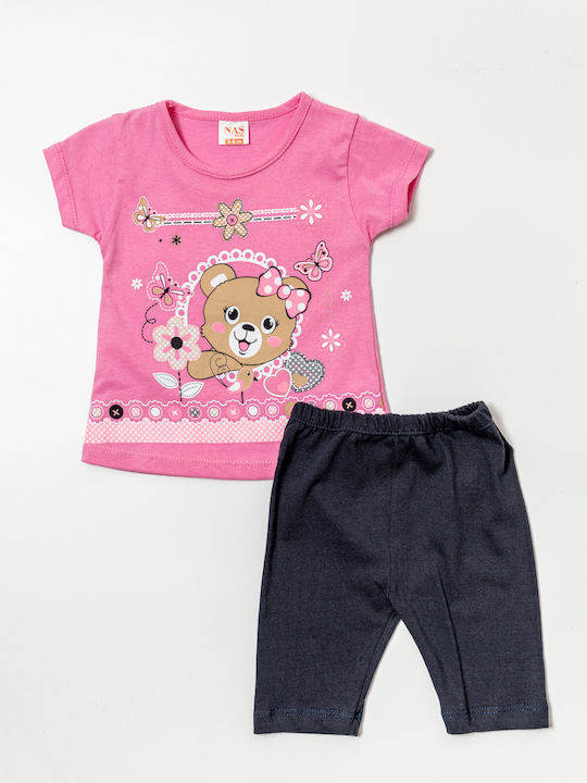 Baby set with short sleeve teddy bear t-shirt in pink color & blue capri leggings