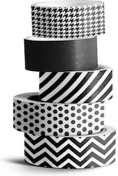 Black and White Decorative Tape Set, 5 Pieces, Black, 1.5cm x 10m